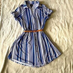 Blue And White Stripe Dress With Brown Braided Belt